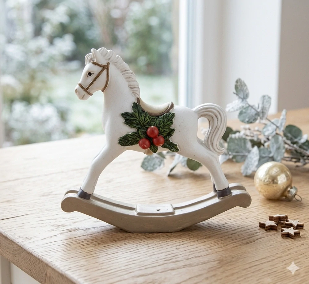 Dekoratívna figúrka hojdacieho koňa 16 cm biely polyresin