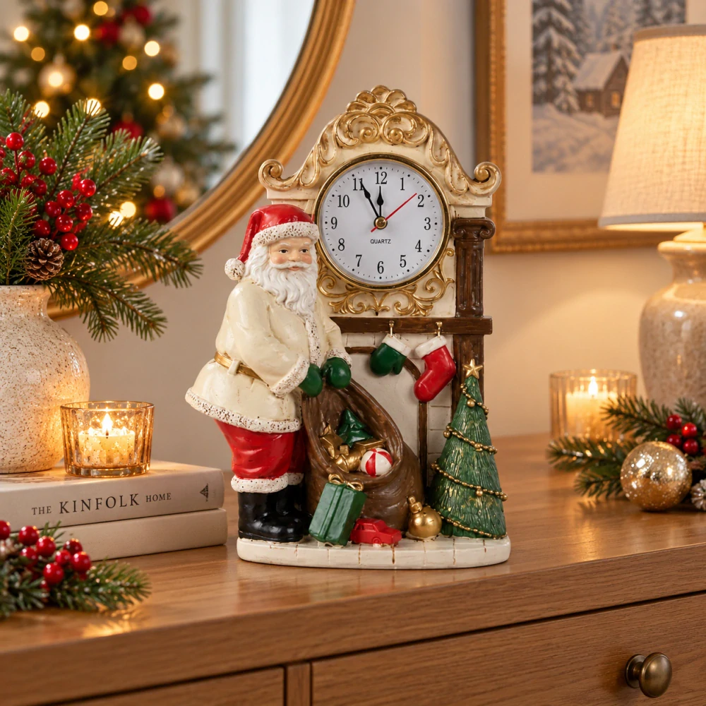 Clayre & Eef - stolové hodiny 15x7x22 cm béžové z polyresinu, Santa Claus