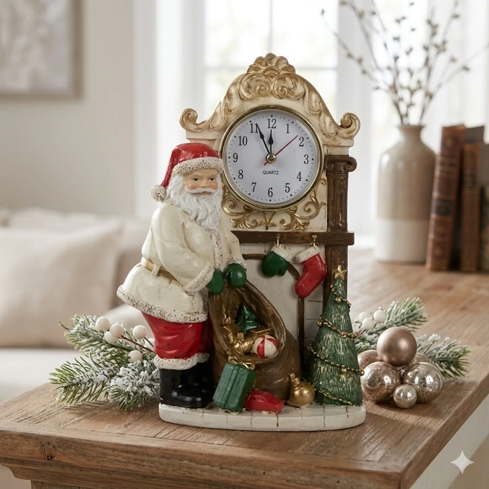 Stolové hodiny 15x7x22 cm béžové z polyresinu, Santa Claus