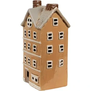 Clayre & Eef - držiak na čajovú sviečku Domček Keramický oranžovo-béžový 11x9x22 cm