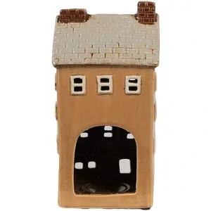 Clayre & Eef - držiak na čajovú sviečku Domček Keramický oranžovo-béžový 11x9x22 cm