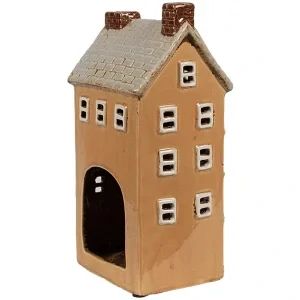 Clayre & Eef - držiak na čajovú sviečku Domček Keramický oranžovo-béžový 11x9x22 cm