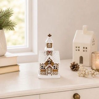 Clayre & Eef - perníková chalúpka s LED diódou 8x7x15 cm Hnedá polyresinová perníková chalúpka