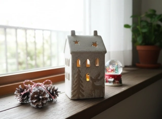 Clayre & Eef - dekoratívny domček s LED diódou 10x9x18 cm béžová