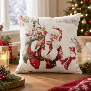 Clayre & Eef Obliečka na vankúš 45x45 cm, bielo-červená, polyesterová, obliečka na vankúš s motívom Santa Clausa