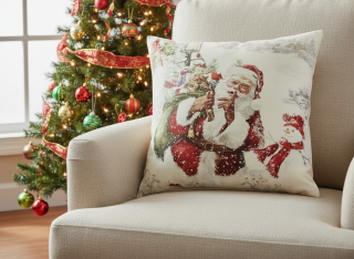 Obliečka na vankúš 45x45 cm, bielo-červená, polyesterová, obliečka na vankúš s motívom Santa Clausa